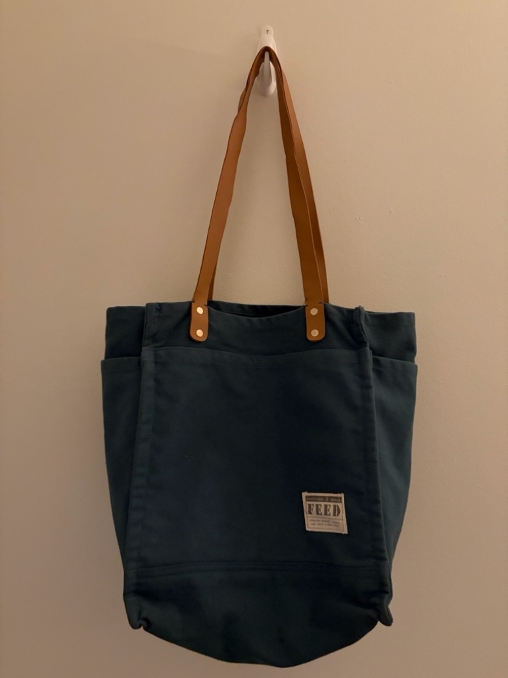FEED Canvas Tote Bag in Deep Teal with Tan Straps
